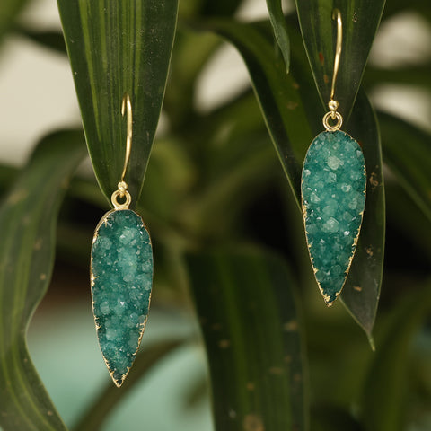Natural Green Druzy Stone Drop Earrings | Handmade Gold Plated Boho Jewelry for Women Meena Design