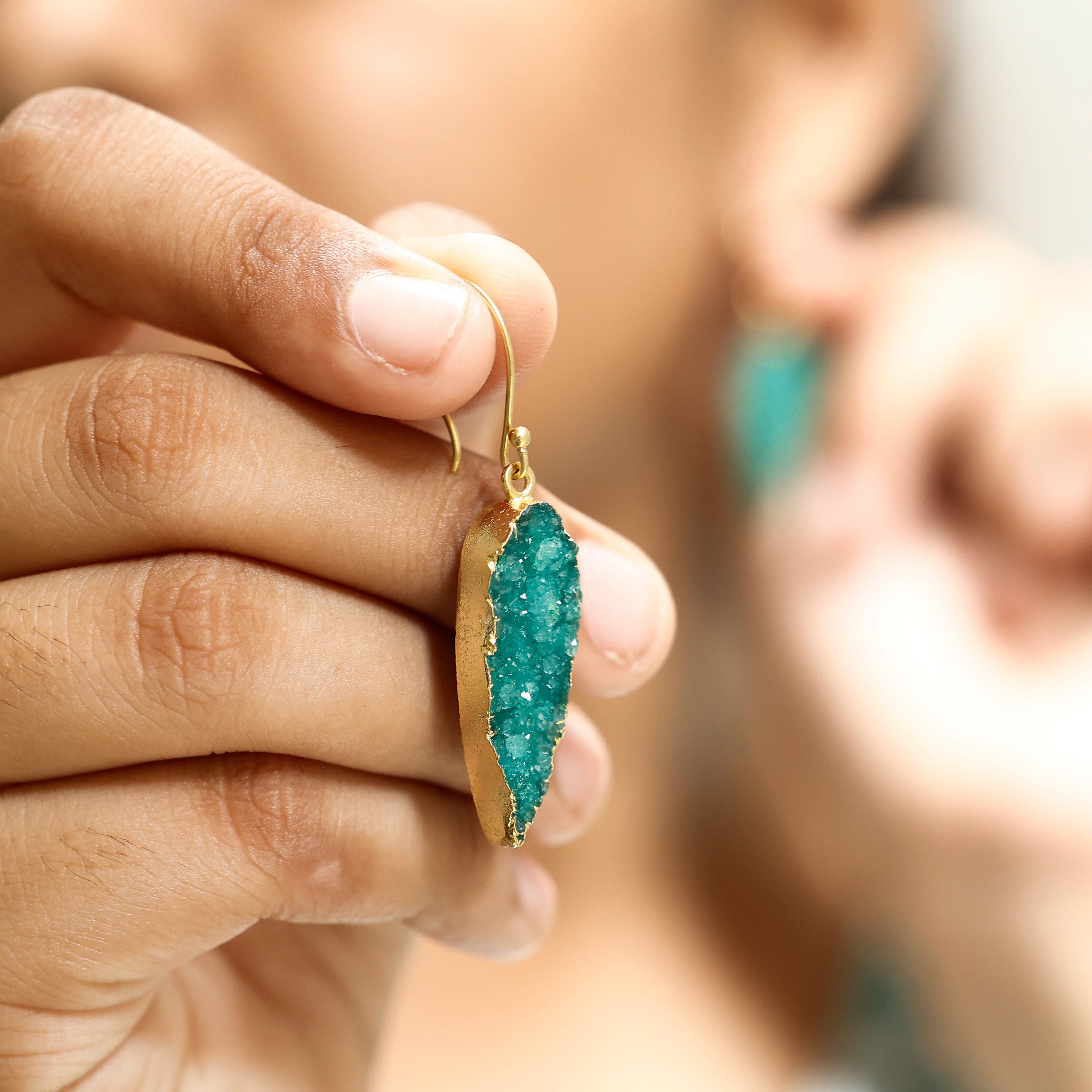 Natural Green Druzy Stone Drop Earrings | Handmade Gold Plated Boho Jewelry for Women Meena Design