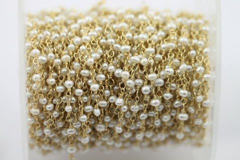 10 Feet Gold Plated Natural Fresh Water Pearl Rondelle Rosary Style Beaded Chain rosary chain beads size 2.5 - 3.5 mm - Meena Design