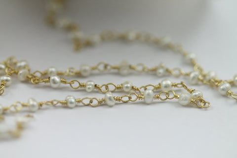 10 Feet Gold Plated Natural Fresh Water Pearl Rondelle Rosary Style Beaded Chain rosary chain beads size 2.5 - 3.5 mm - Meena Design