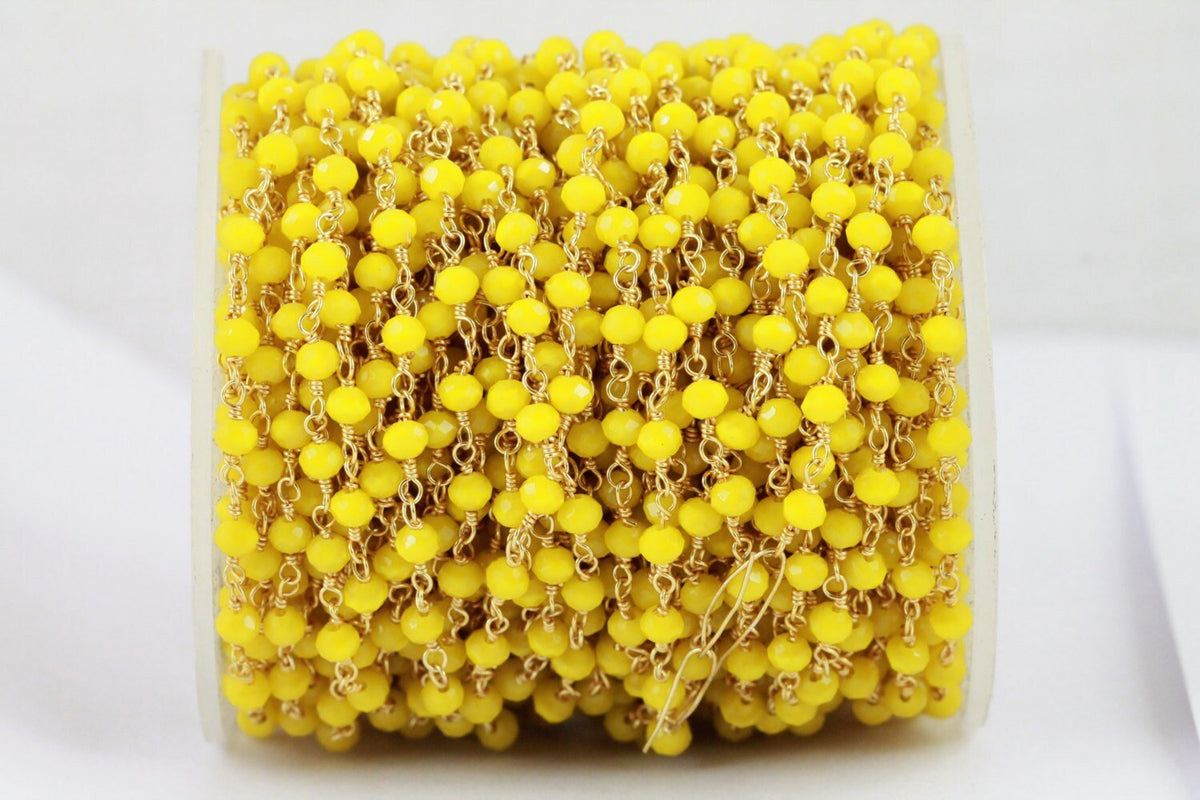 10 Feet Gold Plated Yellow Jade Faceted Glass Rondelle Rosary Chain - Meena Design