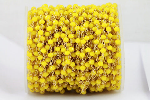 10 Feet Gold Plated Yellow Jade Faceted Glass Rondelle Rosary Chain - Meena Design
