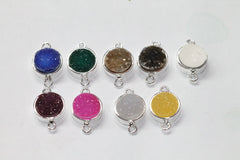 10 mm circle connector agate druzy natural gem stone silver plated fancy collet - Meena Design