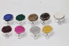 10 mm circle connector agate druzy natural gem stone silver plated fancy collet - Meena Design