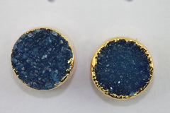 8 mm Circle Natural Agate Druzy Gemstone Minimalistic Stud Gold Plated on Brass - Meena Design