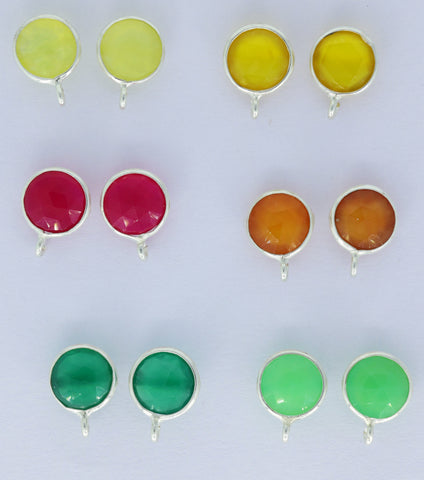 Circle Chalcedony Earpost Silver 92.5 Bezel Ear post Natural gemstone Earpost labradorite rose quartz earpost white rainbow DIY earrings - Meena Design