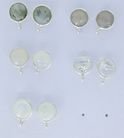 Circle Chalcedony Earpost Silver 92.5 Bezel Ear post Natural gemstone Earpost labradorite rose quartz earpost white rainbow DIY earrings - Meena Design