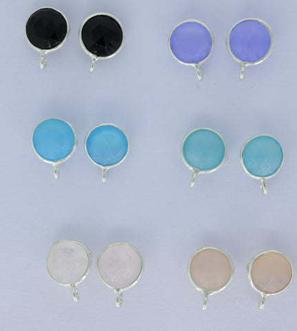 Circle Chalcedony Earpost Silver 92.5 Bezel Ear post Natural gemstone Earpost labradorite rose quartz earpost white rainbow DIY earrings - Meena Design