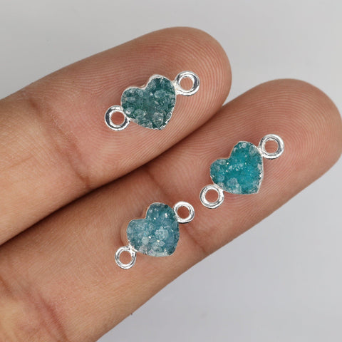 Small heart druzy jewelry connector, 7mm, silver-edged brass, natural white or color-enhanced agate, craft supply