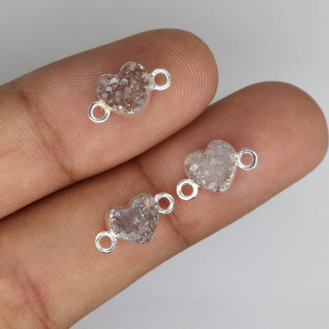 7mm heart-shaped druzy stone connector, silver over brass, handmade natural agate for earrings and pendants