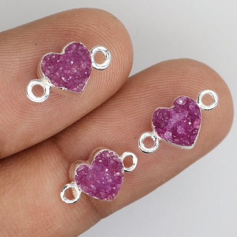 Natural agate druzy heart connector, silver-edged, 7mm, DIY jewelry supplies, color-enhanced options available