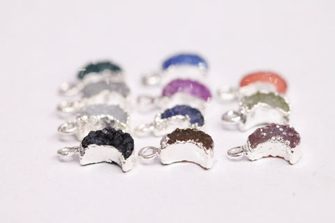 Druzy Moon, Natural Gemstone, Silver Edged, Single Bail, Dainty Crescent , 7 mm - Meena Design