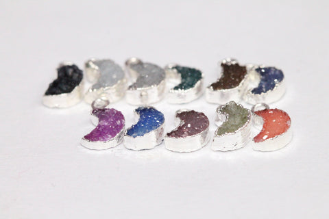 Druzy Moon, Natural Gemstone, Silver Edged, Single Bail, Dainty Crescent , 7 mm - Meena Design