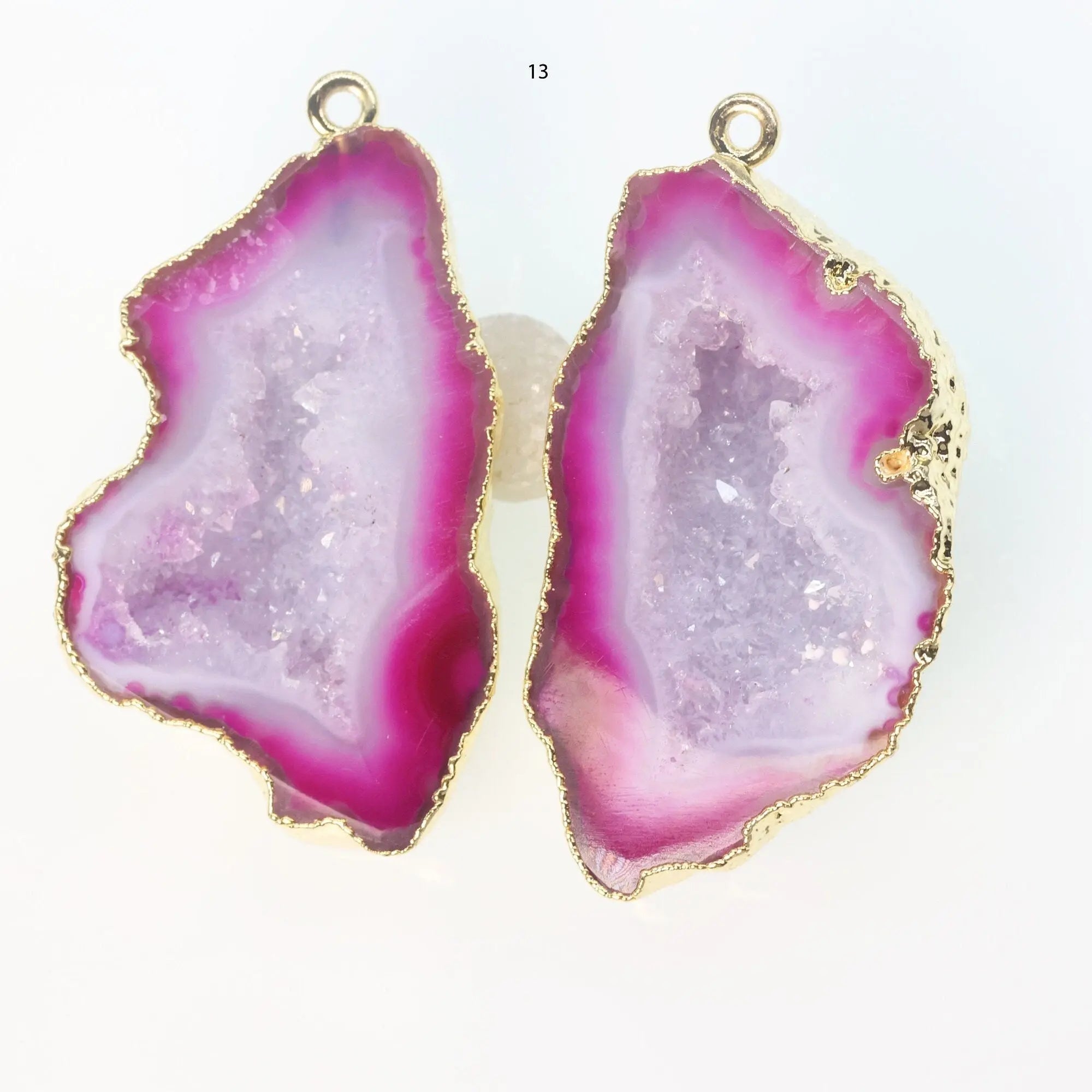 Gold Edged Fuscia cave druzy or tobasco druzy geode Pairs For Earrings *Order Exact Pairs as in Photos* - Meena Design