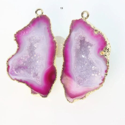 Gold Edged Fuscia cave druzy or tobasco druzy geode Pairs For Earrings *Order Exact Pairs as in Photos* - Meena Design