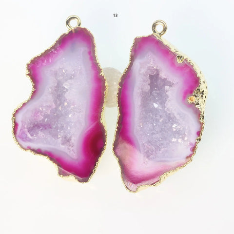 Gold Edged Fuscia cave druzy or tobasco druzy geode Pairs For Earrings *Order Exact Pairs as in Photos* - Meena Design