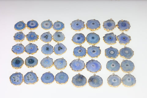 Pairs Blue Solar Quartz Gemstones For Earring 1 Bail Gold edged 20 - 30 mm 2 Side Hand Polished - Meena Design