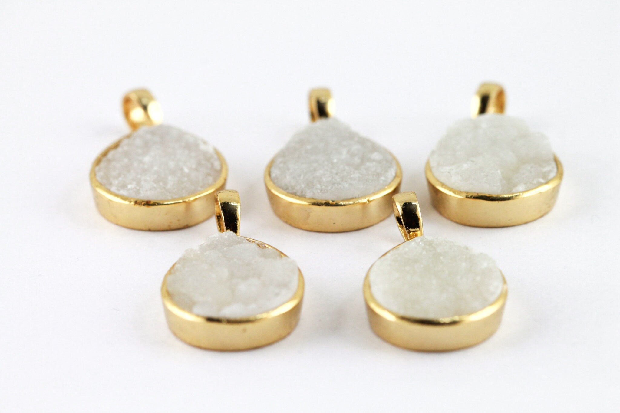 Pendants 10 mm Natural White Agate Druzy Stone Gold PLated Brass Bezel - Meena Design