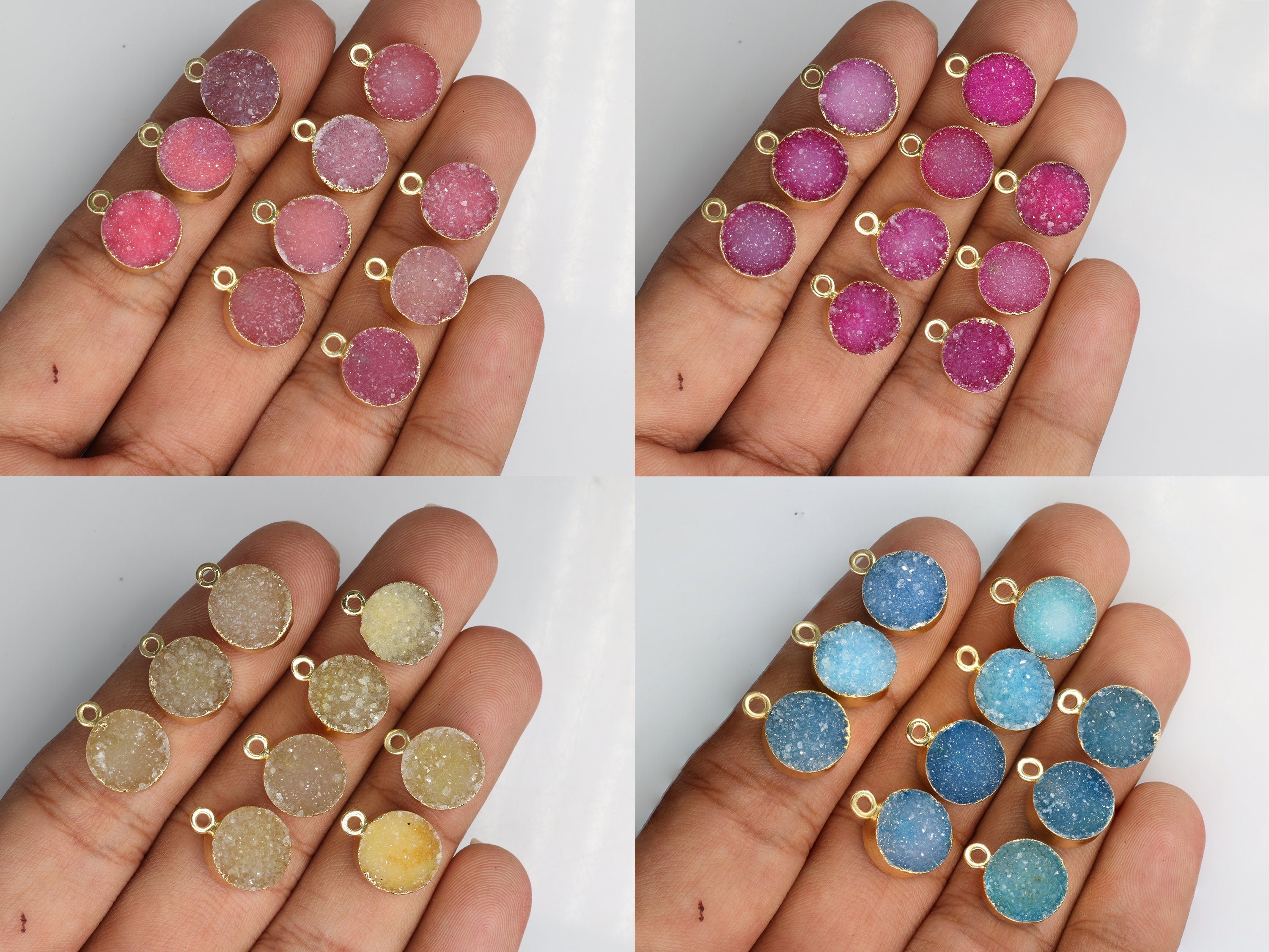 Round Cut Druzy Gemstone Connector, All Sizes, Necklace Pendant, Gold Electroplated Single & Double Bail , Custom Manufacturing Available - Meena Design